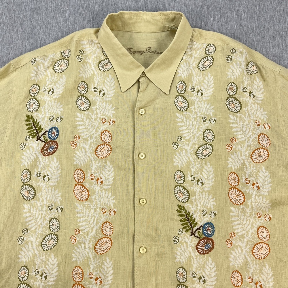 Tommy Bahama Linen Shirt Mens XXL Yellow Beige Floral Embroidered Bowling Tiki